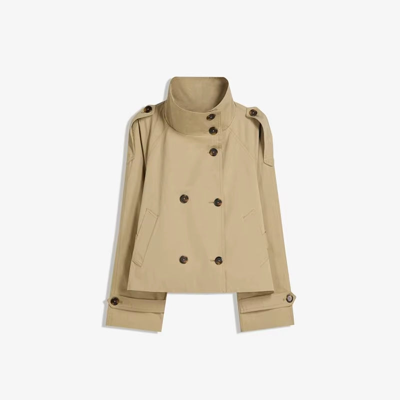 Belted Waist Cropped Trench Double Breasted Stand Collar 2025 Autumn Chic Elegant Women Coat Casual Vintage Office Lady Jacket