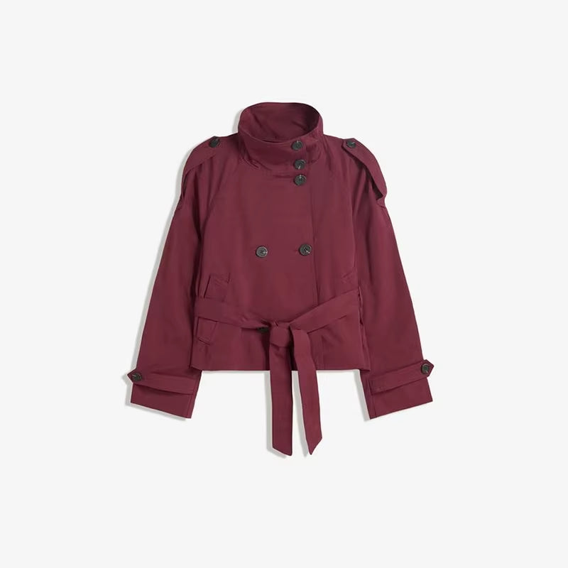 Belted Waist Cropped Trench Double Breasted Stand Collar 2025 Autumn Chic Elegant Women Coat Casual Vintage Office Lady Jacket