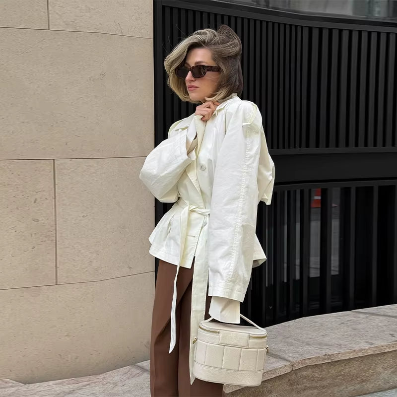 Belted Waist Cropped Trench Double Breasted Stand Collar 2025 Autumn Chic Elegant Women Coat Casual Vintage Office Lady Jacket