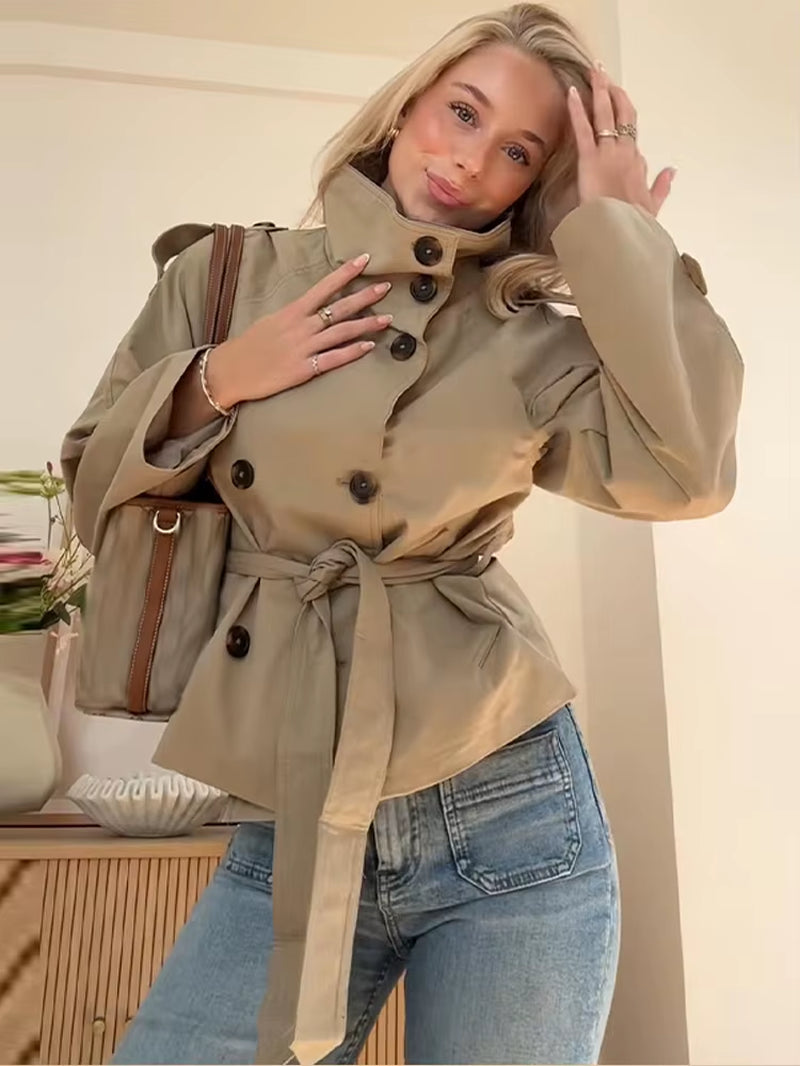 Belted Waist Cropped Trench Double Breasted Stand Collar 2025 Autumn Chic Elegant Women Coat Casual Vintage Office Lady Jacket