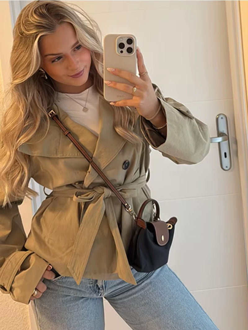 Belted Waist Cropped Trench Double Breasted Stand Collar 2025 Autumn Chic Elegant Women Coat Casual Vintage Office Lady Jacket