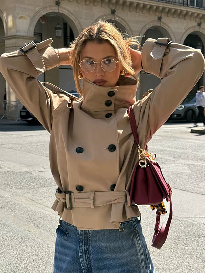 Belted Waist Cropped Trench Double Breasted Stand Collar 2025 Autumn Chic Elegant Women Coat Casual Vintage Office Lady Jacket