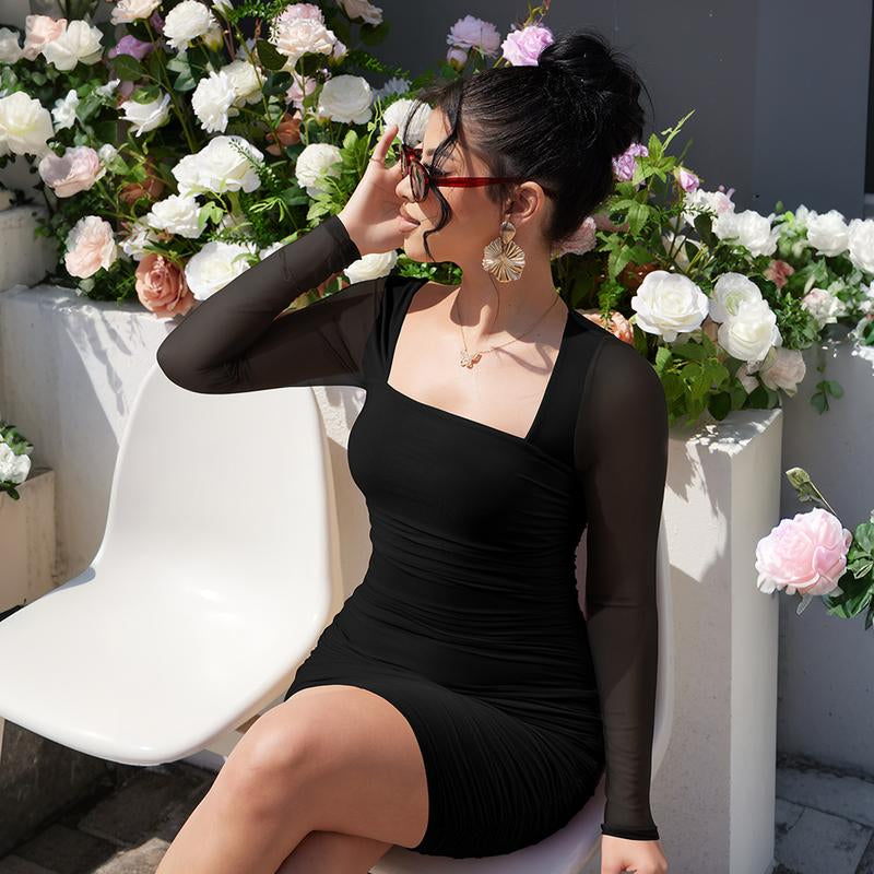 OYV Women'S Sexy Ruched Bodycon Mini Dress Mesh Long Sleeve Club Party Short Dresses