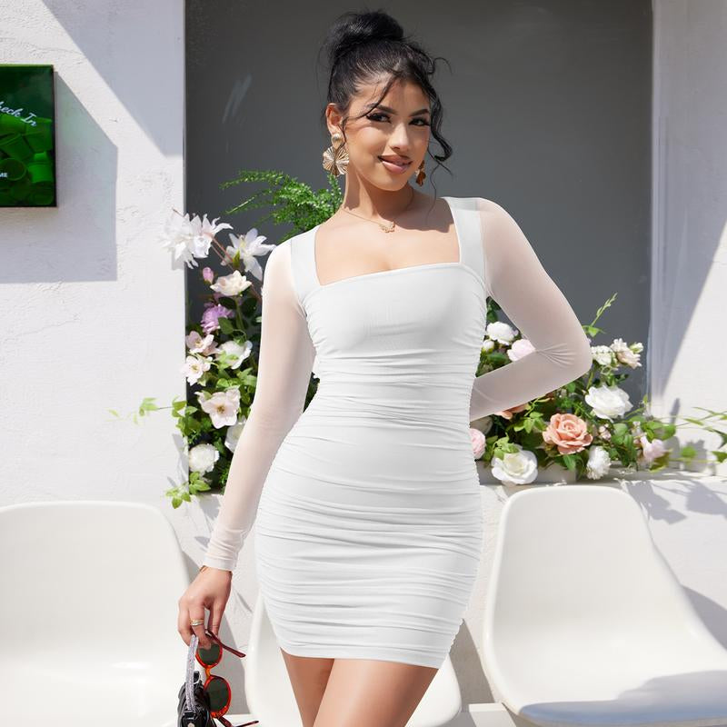 OYV Women'S Sexy Ruched Bodycon Mini Dress Mesh Long Sleeve Club Party Short Dresses