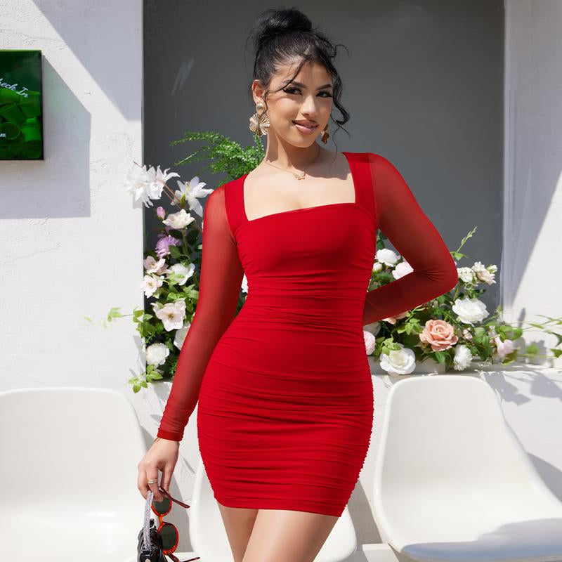 OYV Women'S Sexy Ruched Bodycon Mini Dress Mesh Long Sleeve Club Party Short Dresses